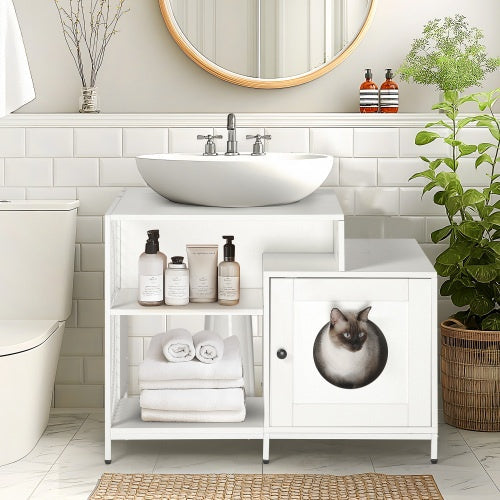 2-in-1 Vanity with Cat Litter Box Enclosure and Storage Shelves for Bathroom Pets Possessions