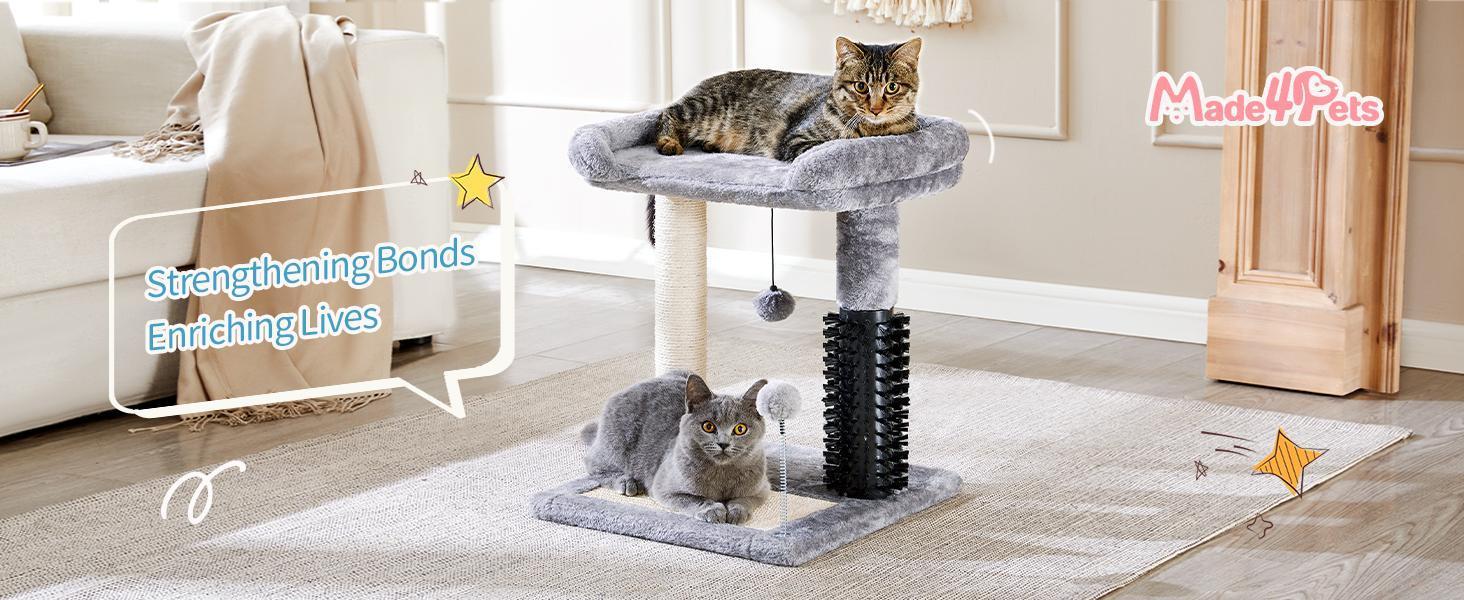 Small 4-in-1 Cat Tree with Self-grooming Brush and Natural Sisal Scratching Post Pets Possessions