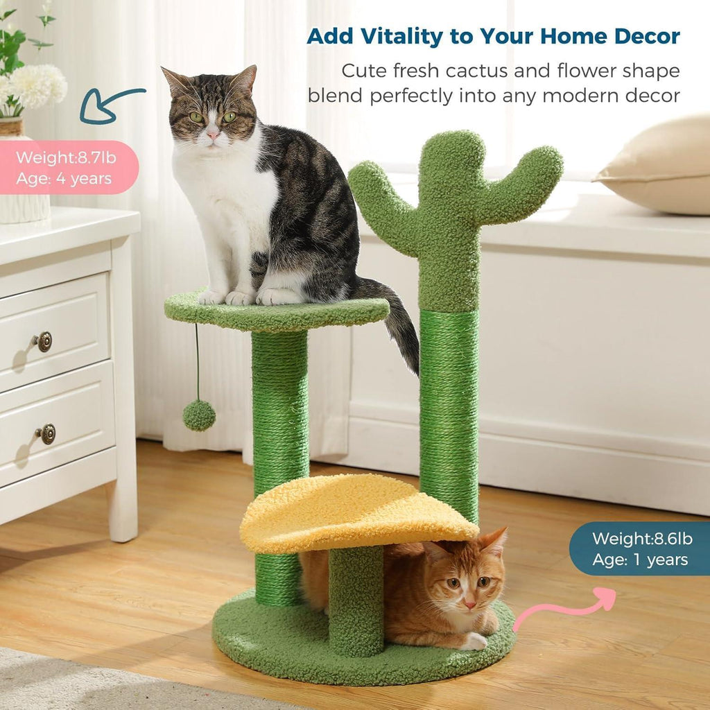 26” Cactus Cat Tree With Bird's Eye View, Flower Perch and Soft Cactus Top Pets Possessions