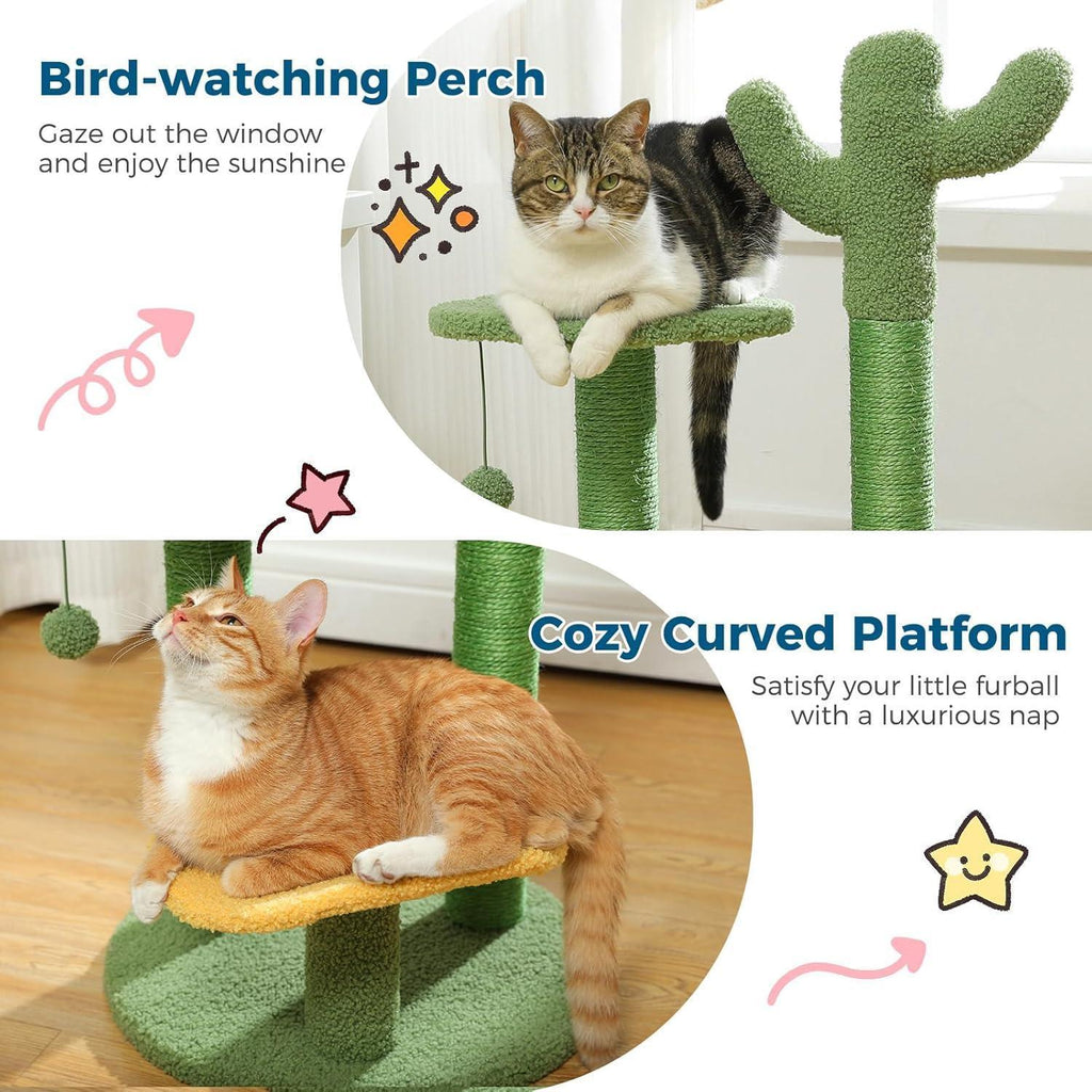 26” Cactus Cat Tree With Bird's Eye View, Flower Perch and Soft Cactus Top Pets Possessions