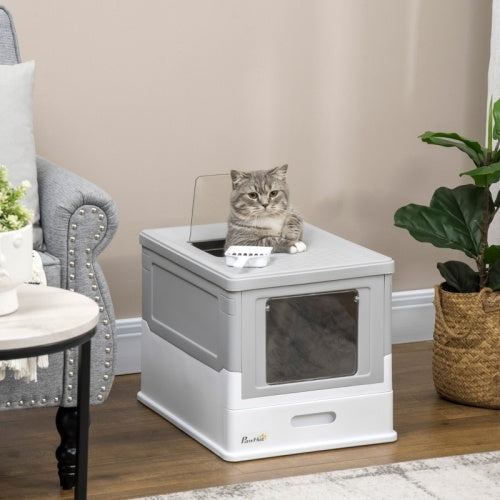 Paw Hut Gray Enclosed Cat Litter Box, Front Entry, Top Exit with Scoop Pets Possessions