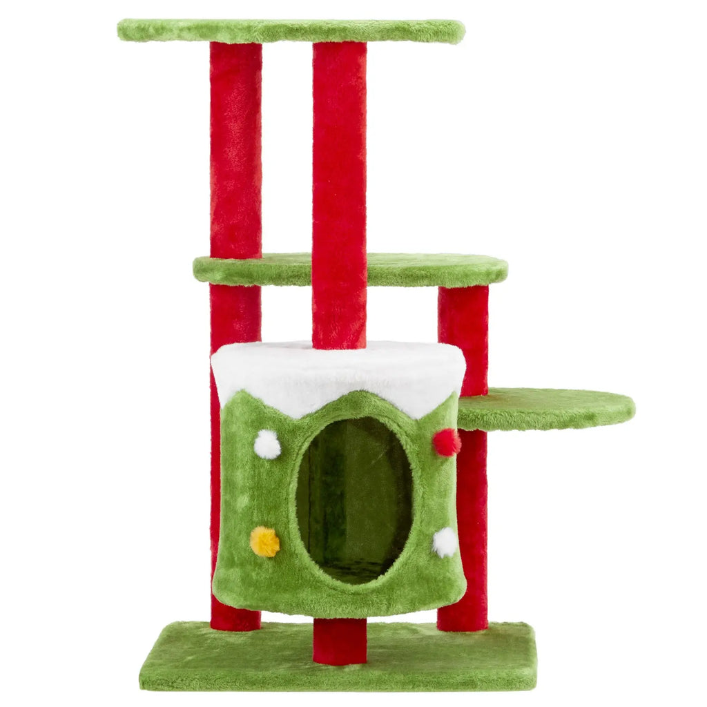 Festive 32” 3-Level Christmas Themed Cat Tower with Climbing Frame Pets Possessions
