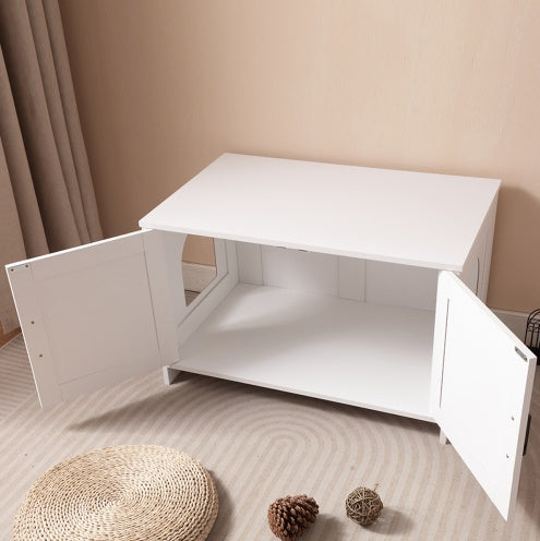 White Wooden Cat Litter Box Furniture with Enclosure Pets Possessions