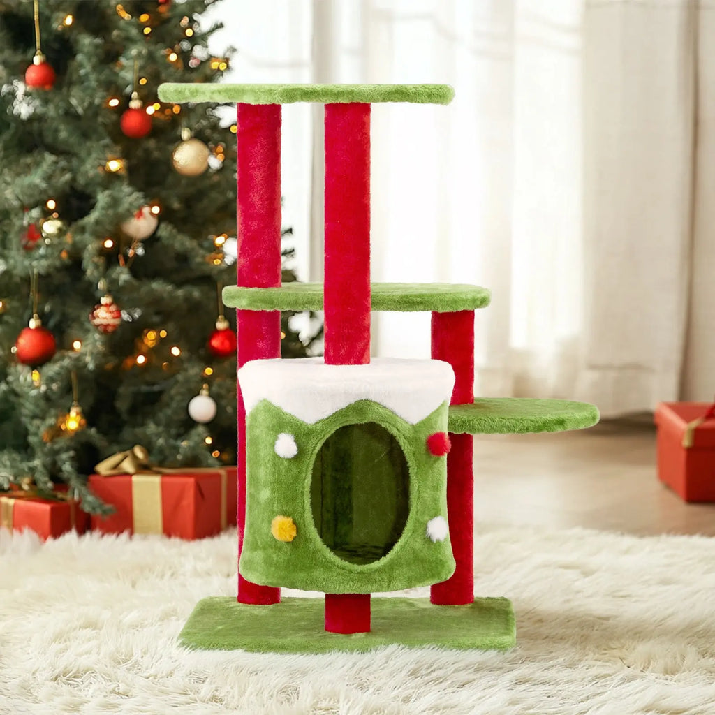 Festive 32” 3-Level Christmas Themed Cat Tower with Climbing Frame Pets Possessions