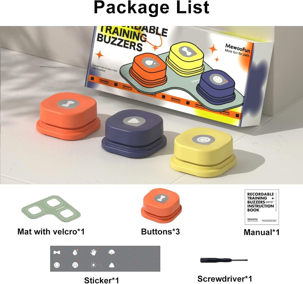 MEWOOFUN Talking Training Button Set - 3 Recordable Communication Buttons (IQ Interactive) for Cats & Dogs Pets Possessions