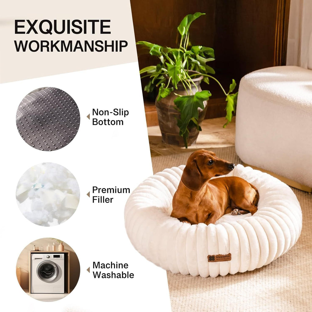 MEWOOFUN Cream Fluffy Round Donut Bed with Non-Slip Bottom for Cats & Dogs Pets Possessions