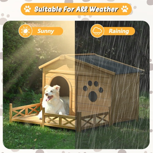 48" Wooden Outdoor Doghouse with Porch Fencing Pets Possessions