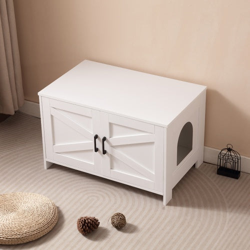 White Wooden Cat Litter Box Furniture with Enclosure Pets Possessions