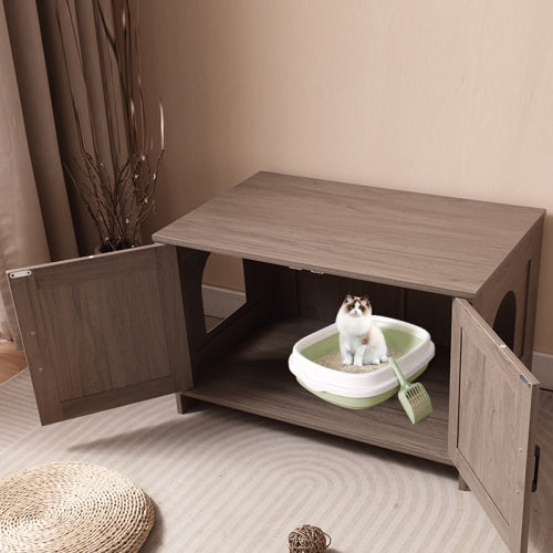White Wooden Cat Litter Box Furniture with Enclosure Pets Possessions